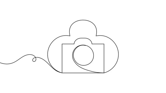 Camera with cloud sign icon continuous one line art single drawing on white background minimal photo backup storage line symbol 4k animation video