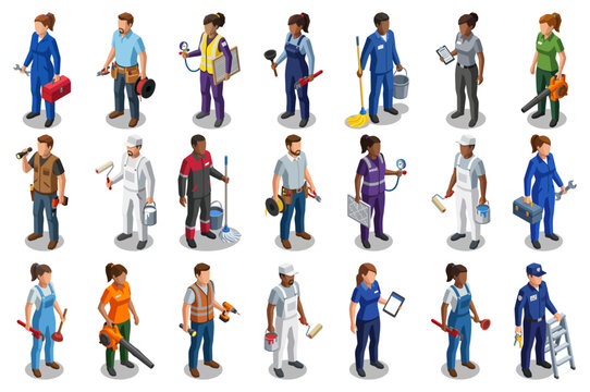 Maintenance and facilities crew set | diverse repair technician and worker collection | isometric vector people for building and industrial services
