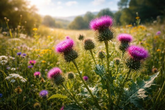 Symbolic milk thistle herb with flowers in bright summer field landscape