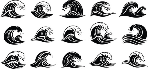 Fototapeta premium A collection of stylized black wave illustrations arranged in a grid pattern on a white background high quality professional detailed modern