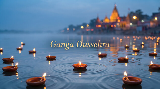 Ganga dusshera water typography flowing liquid text blue gradient background spiritual indian festival concept for banner greeting template and branding use