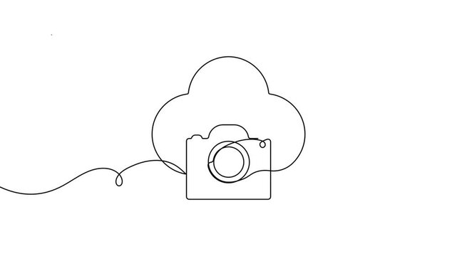 Camera with cloud sign icon continuous one line art single drawing on white background minimal photo backup storage line symbol 4k animation video