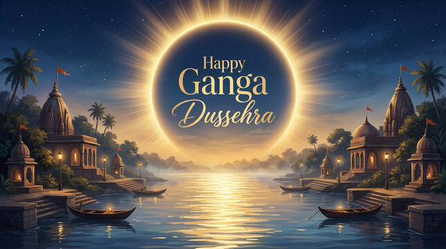 Ganga dusshera festival serene river temple landscape with glowing sun halo reflection in water peaceful indian cultural scene for banner greeting design template use