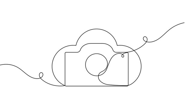 Camera with cloud sign icon continuous one line art single drawing on white background minimal photo backup storage line symbol 4k animation video