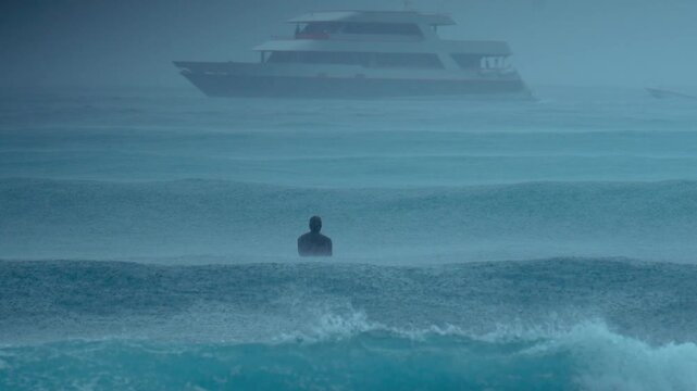 Ferry Battling Heavy Rain And Fog, Captain Steers Through Reduced Visibility While Crew Secures Deck, Distant Cruise Ship Looms In Mist As Waves Crash And Horizon Blurs Into Gray Moody Cinematic