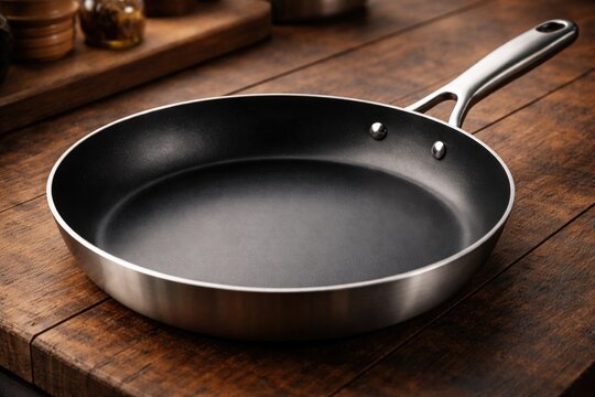 Silver frying pan with black Teflon coating for cooking