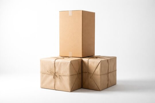 Tall cardboard box stacked over two covered boxes on white studio background