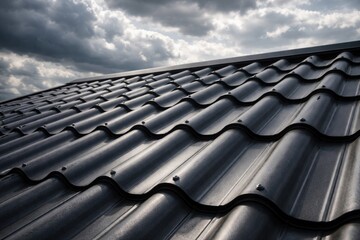 Fototapeta premium Close up view of modern corrugated metal roofing texture under a cloudy sky background