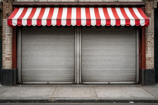 Retail store featuring closed metal security shutters with a red and white awning and visible pavement in front