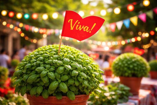 Manjerico basil plant with red flag celebrating summer festival outdoors
