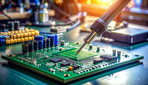 Close‑up of electronics workbench with soldering iron, breadboard circuit, and tools, symbolizing prototyping, experimentation, and technical precision.
