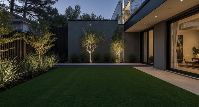 Stylish yard area showcasing artificial turf and modern minimalist architecture