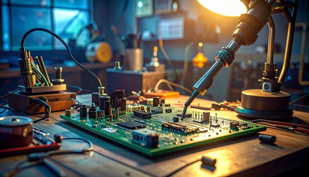 Close‑up of electronics workbench with soldering iron, breadboard circuit, and tools, symbolizing prototyping, experimentation, and technical precision.