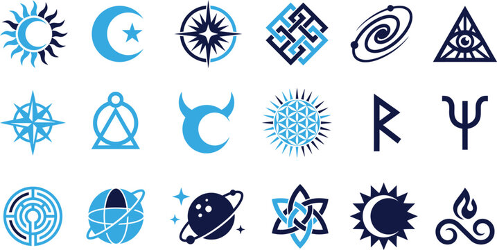 Set of mystical and spiritual symbols for esoteric and magic on white background.