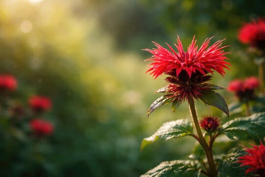 Copy space image featuring distinctive red Monarda flower perfect for design