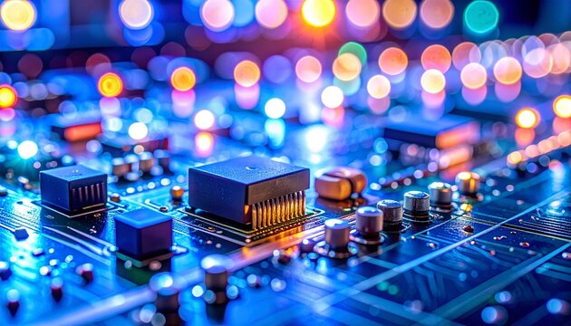 Close‑up of illuminated breadboard with glowing LEDs, capacitors, and resistors, symbolizing electronics prototyping, experimentation, and active circuit design.