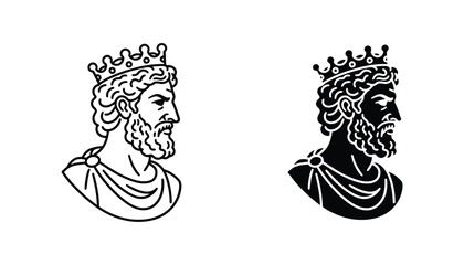 Royal king profile portrait icon depicting leadership power and ancient monarchy in detailed outline and solid black vector style for historical design © Kinetic