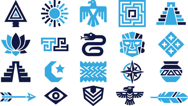 Ancient symbols and cultural icons featuring Aztec, Native American and spiritual designs.