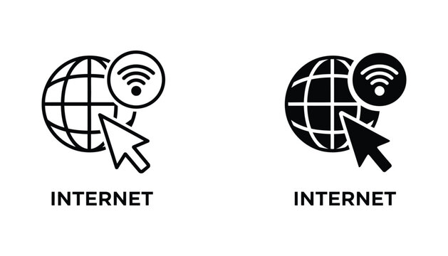 Internet connection icon featuring global network and cursor click for web browsing and online services in professional outline and solid black vector style