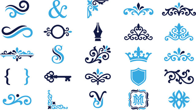 Collection of elegant blue decorative elements like swirls key crown shield ampersand and pen.