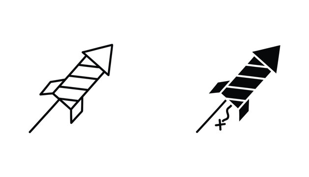 Explosive firework rocket icon set for celebration and pyrotechnic events in outline and solid black vector styles for party invitation design and festival branding graphics and web app elements