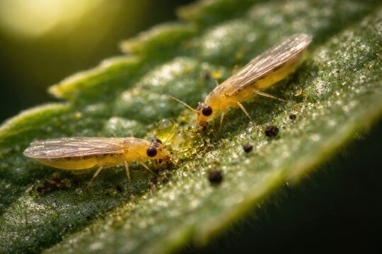 Close up of tiny thrips feeding on garden plant leaves in natural light