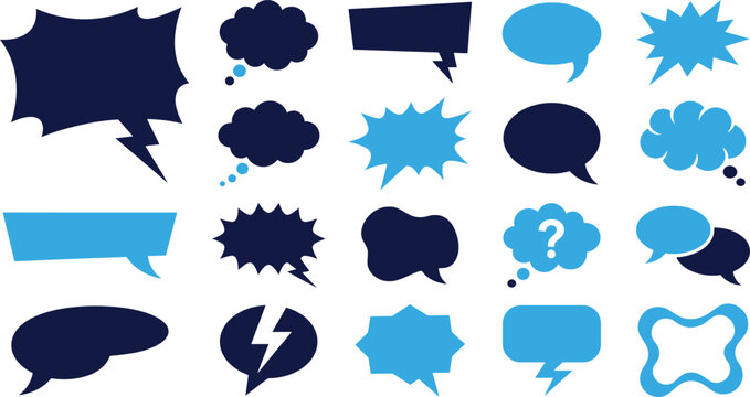Speech bubble shapes and icons for comic books and graphic design.