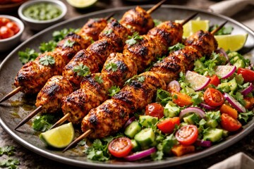 Fototapeta premium Grilled tandoori chicken kebabs accompanied by a colorful salad and cilantro garnish