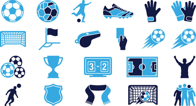 Soccer and football equipment and game elements icons.