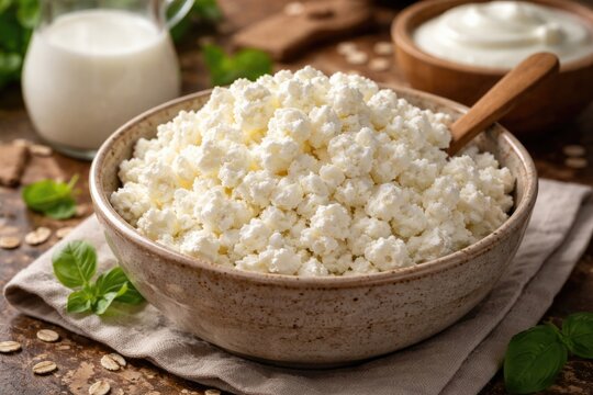Nutritious homemade fresh curd cheese rich in lean protein and fat free