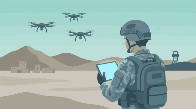 Military soldier operating drone swarm with tablet in a desert landscape