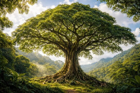 Broad canopy pili tree standing tall with lush green foliage against vibrant natural backdrop