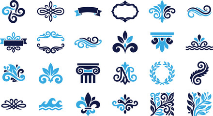 Assorted blue and dark blue decorative ornamental and nature inspired elements. © RaziaAkter
