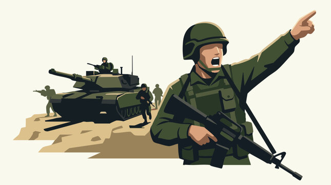 Illustration of a soldier leading troops with a tank in a military operation