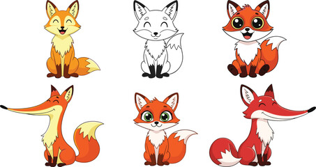 Fototapeta premium Cute Cartoon Fox Character Set with Adorable Baby Animal Illustrations for Kids, Stickers, Games, and Wildlife Design Projects