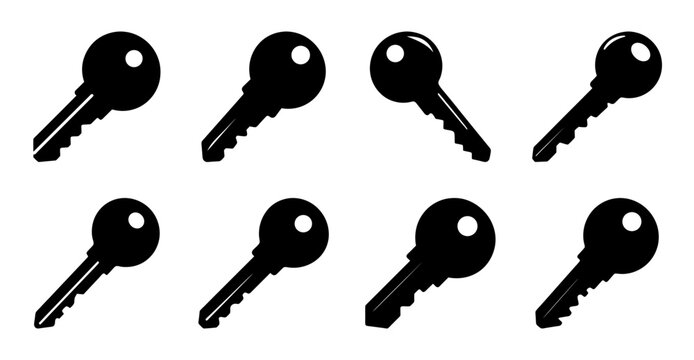 A collection of black key icons arranged on a white background