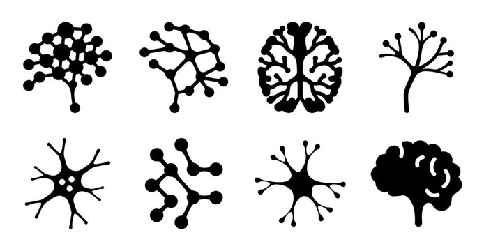 Diverse abstract representations of brains, neurons and nerve cells in vector format