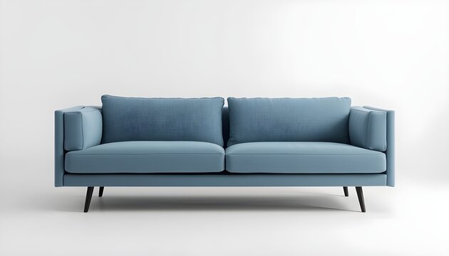 A modern blue sofa with sleek black legs and textured pillows against a clean white background