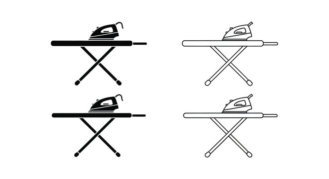 Four depictions of an ironing board and iron in varying styles silhouette