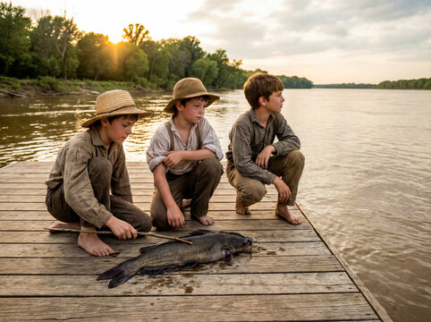 Three boys in straw hats crouch on a wooden pier next to a large caught catfish.