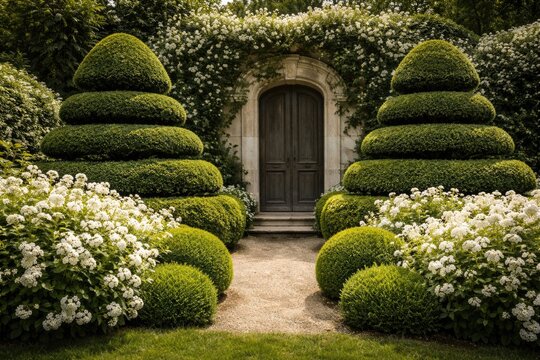 Beautifully manicured green topiary surrounded by white blossoms near stone doors