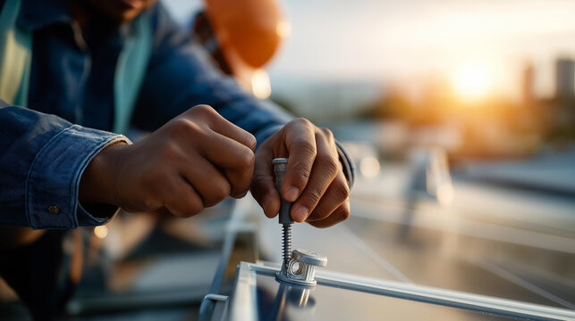 Close up of hands in safety helmets using a screwdriver to secure a bright rooftop solar panel mounting bracket the screwdriver showing phillips head engagement and the bracket