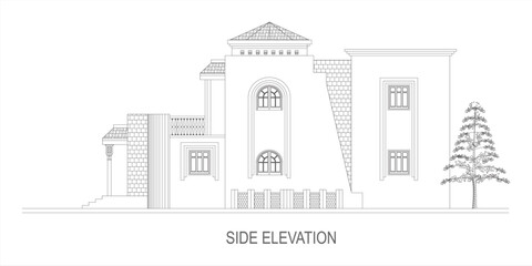 Naklejka premium Modern 2 Storey Villa Side Elevation CAD Vector Illustration, clean architectural house elevation isolated on white background EPS 10