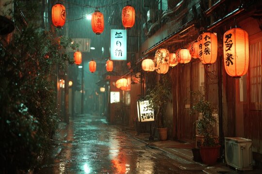 Rainy night in traditional Asian alley with red lanterns