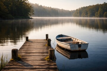 Naklejka premium Calm lake scene featuring a boat tied to a rustic wooden jetty with copy space