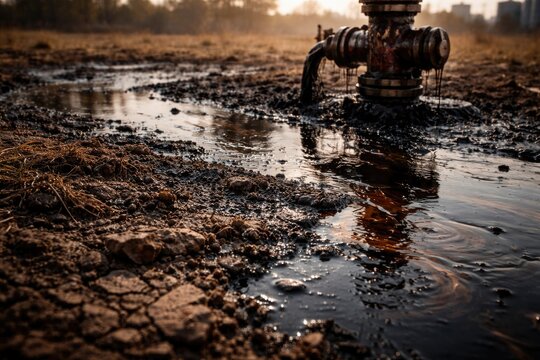 Oil contamination on soil surface from well head leakage with copy space for text