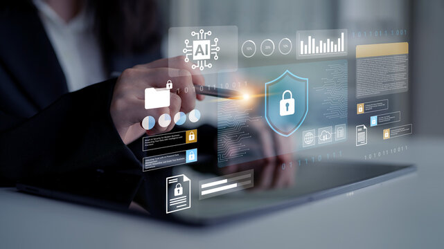 A professional hand interacts with a digital tablet displaying AI and security graphics, representing modern technology in cybersecurity and innovative business solutions. Gantry