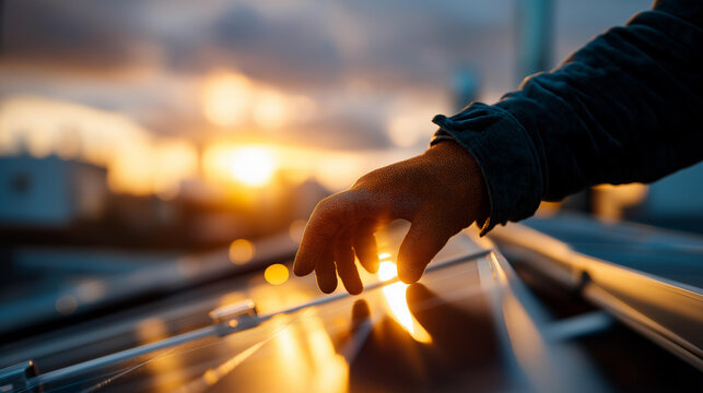 Close up of a silhouetted hand reaching toward a bright solar panel on a factory rooftop at sunset the panel edge catching golden sunset light and the hand in safety gloves warm