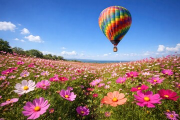 Naklejka premium Brightly patterned hot air balloon floating above a flourishing cosmos flower garden with a crisp blue horizon