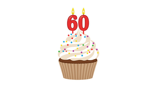 A delicious chocolate cupcake with a high swirl of white vanilla frosting and vibrant rainbow sprinkles is topped with two bright red sixty candles now.